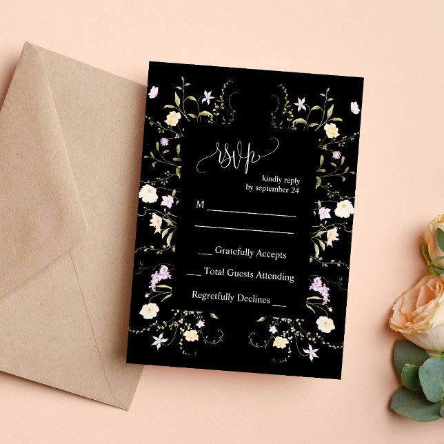 Cartão de Resposta para Casamento de Flores Silves (Black white elegant wildflower wedding RSVP card helps couples collect replies gracefully.)