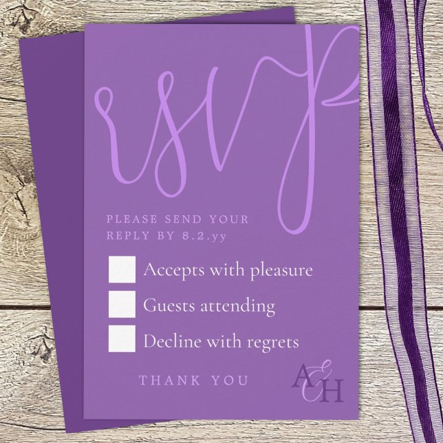 Cartão de Resposta para Casamento Roxo (plum purple wedding rsvp enclosure card with elegant script calligraphy, return response card)