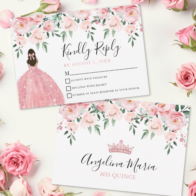 Cartão de Resposta para Quinze Anos Rosa Floral Bl (Floral Blush Pink Quinceanera RSVP Card)