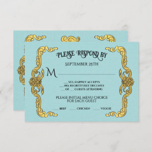Cartão de resposta RSVP Azul Dourado Faux Regency