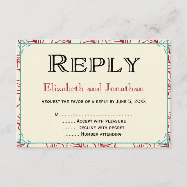 Cartão de Resposta RSVP Casamento Rústico Vermelho (Frente)