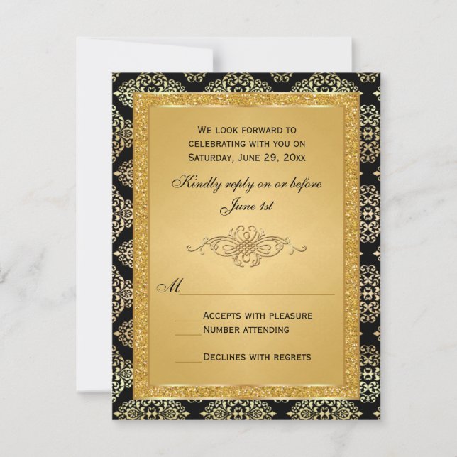 Cartão de Resposta RSVP com Glitter Dourado FAUX,  (Frente)