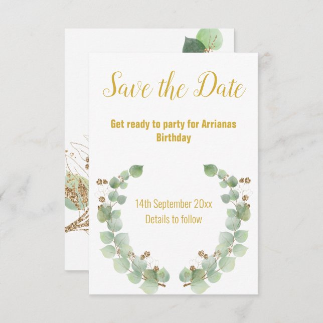 CARTÃO DE RESPOSTA RSVP COROA DE EUCALIPTO Dourado (Frente/Verso)