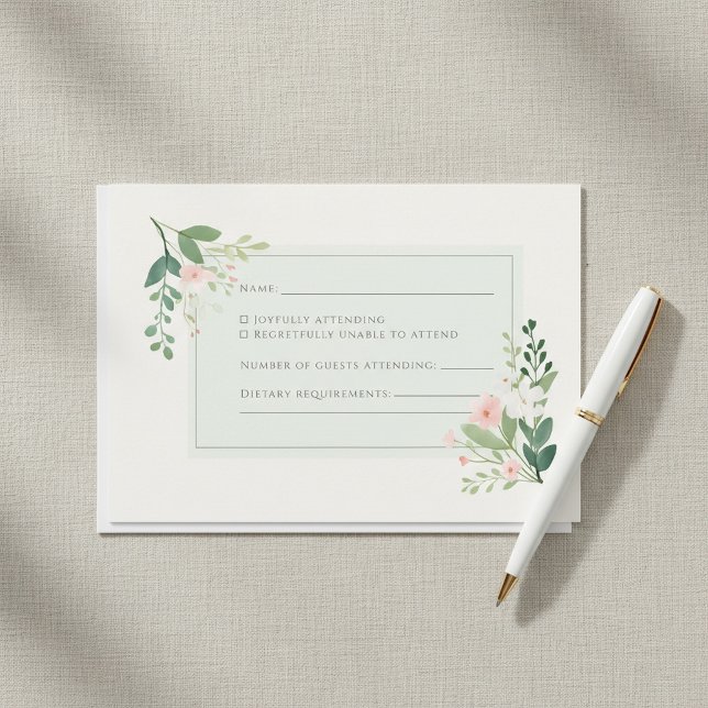Cartão de Resposta RSVP de Aquarela Floral Verde S (Soft green watercolor Floral RSVP Response Card.)