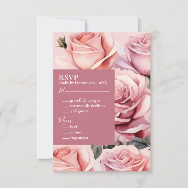 Cartão de Resposta RSVP de Casamento de Roses Rosa (Frente)