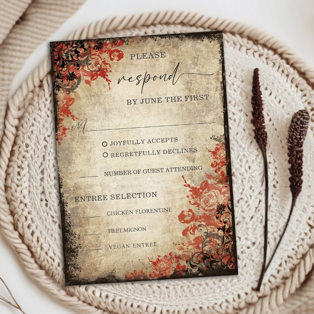 Cartão de Resposta RSVP de Casamento do Rosa verme (Fairytale Red Roses Wedding RSVP Response Card)