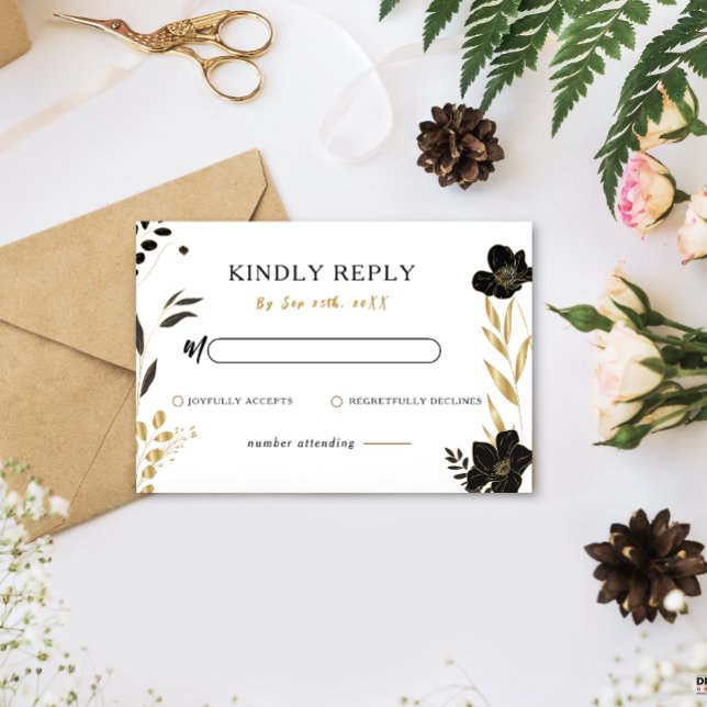 Cartão de Resposta RSVP de Casamento Elegante Flor (Black Floral Elegant Wedding RSVP Response Card)