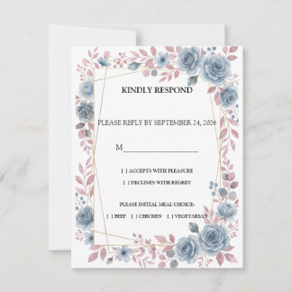 Cartão de Resposta RSVP de Casamento Floral Azul E