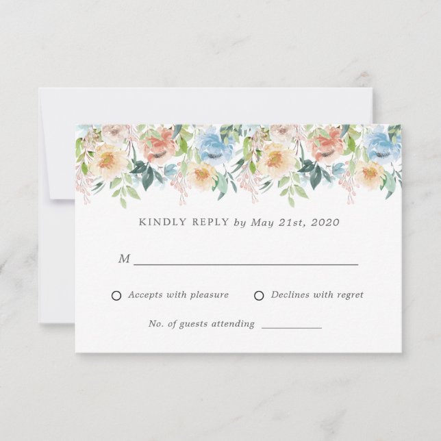Cartão de resposta RSVP de Casamento Floral Azul P (Frente)