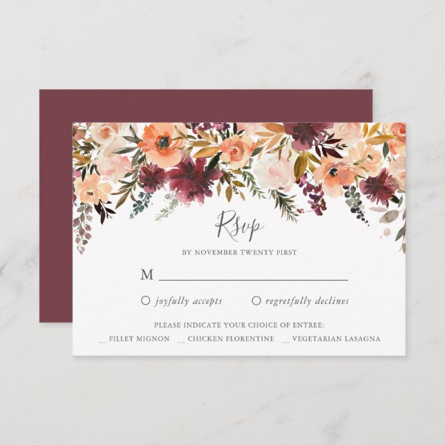 Cartão de resposta RSVP de Casamento Floral Burgun (Frente/Verso)