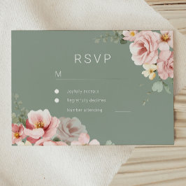 Cartão de Resposta RSVP de Casamento Verde Blush &