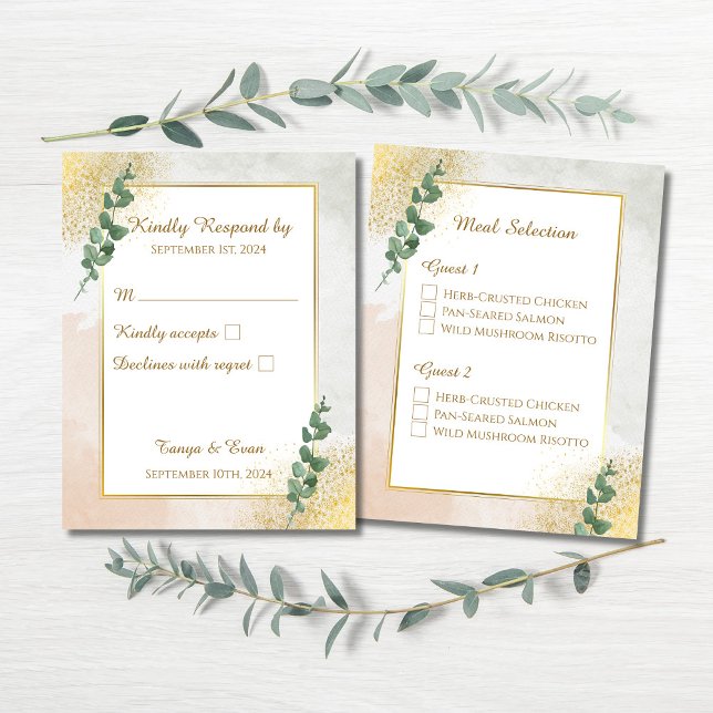 Cartão de Resposta RSVP de Casamento Verde e Doura (Elegant Green & Gold Wedding RSVP & Meal Selection Enclosure Card)