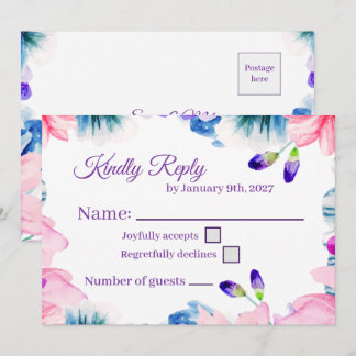Cartão de Resposta RSVP Floral em Aquarela com Cor
