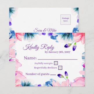 Cartão de Resposta RSVP Floral em Aquarela com Cor