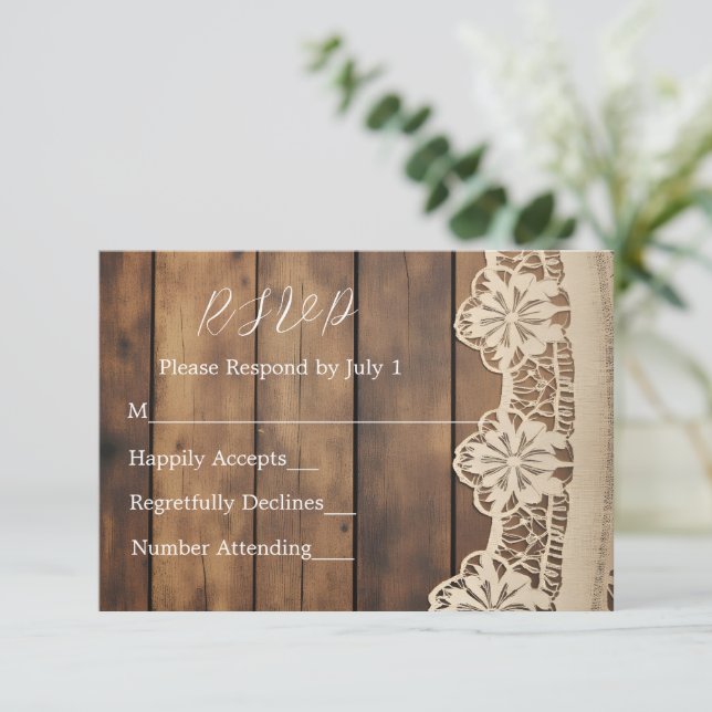 Cartão de Resposta Rustic Wood e Lace (Em pé/Frente)