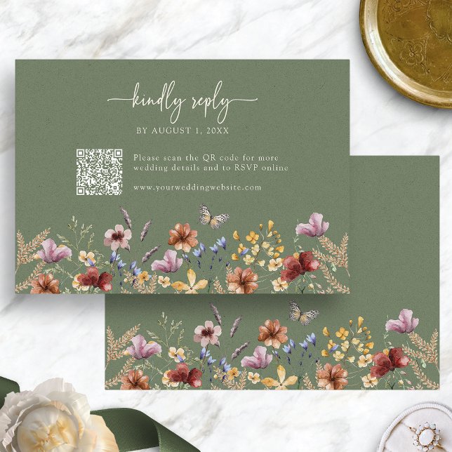 Cartão de Resposta Sage Green Boho Flor Silvestre (Sage Green Boho QR Code Wildflower RSVP Card with Butterfly by Painted Paperie
)