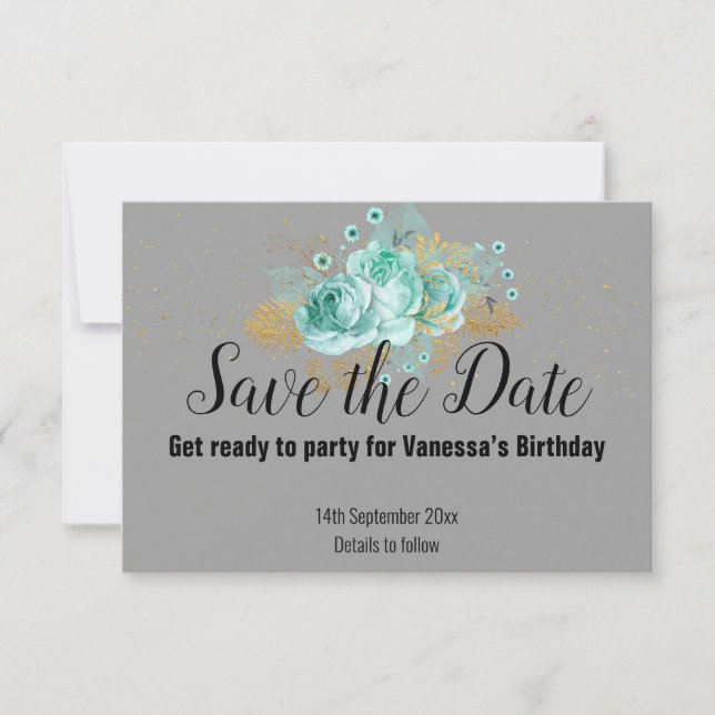 CARTÃO DE RESPOSTA SAVE THE DATE FLORAL GREY GOLD  (Frente)