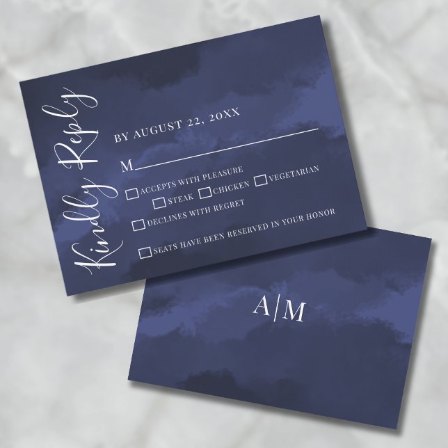 Cartão de Resposta Simples para Casamento Azul Mar (Elegant Watercolor Navy Blue Wedding RSVP Card)