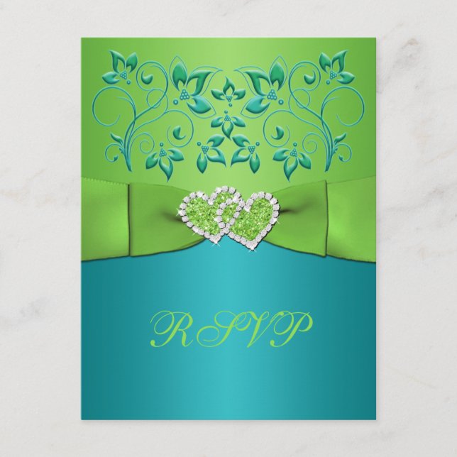 Cartão de Resposta Turquesa, Verde Lima com Coraçõ (Frente)