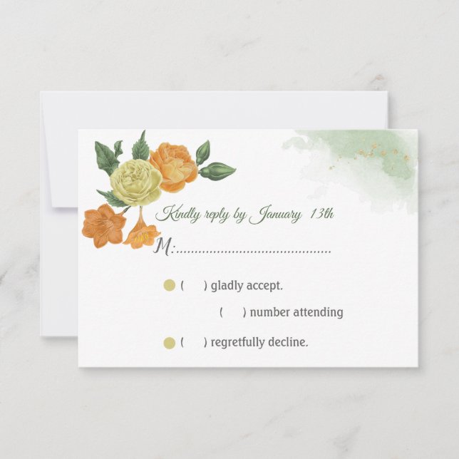 cartão de resposta verde das flores amarelas laran (Frente)