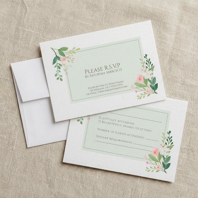 Cartão de Resposta Verde RSVP Floral de Aquarela (Watercolor Floral RSVP green Response Card)