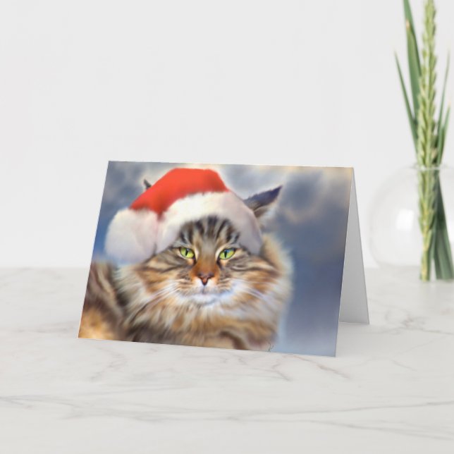 Cartão de Retrato de Natal para Gato Maine Coon (Frente)