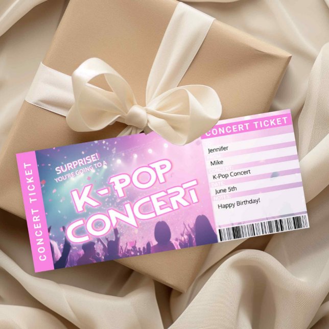 Cartão de revelação de presente de ingresso para s (Surprise K-Pop Concert Ticket Printable)