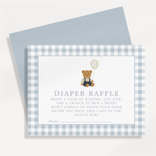 Cartão de rifa de fraldas Blue Gingham Teddy Bear