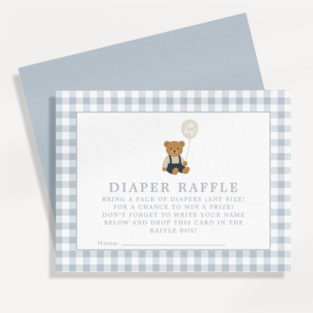 Cartão de rifa de fraldas Blue Gingham Teddy Bear (Criador carregado)