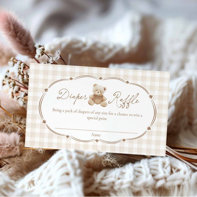 Cartão de Rifas de Fraldas em Xadrez com Urso de P (Brown Teddy Bear Gingham Boy Baby shower Diaper Raffle Ticket)