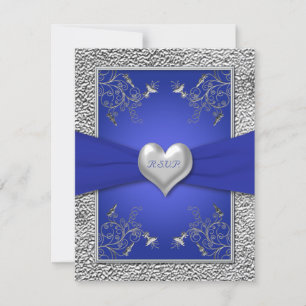 Cartão de RSVP Azul Cobalto e Coração de Pewter
