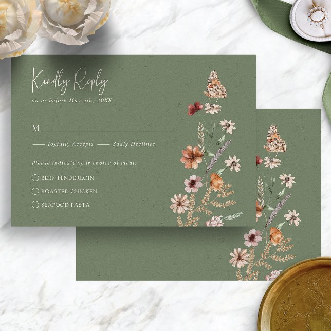 Cartão de RSVP Boho Sage (Boho Sage Green Floral with Butterfly RSVP Card by Painted Paperie
)
