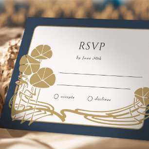Cartão de RSVP Botânico Naval e Dourado Atemporal