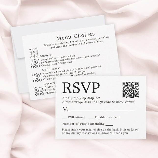 Cartão de RSVP Branco Simples e Elegante Com Escol (Simple Elegant White RSVP Card With Menu Choices
)