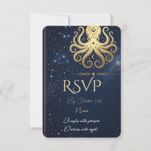 Cartão de RSVP Celestial Mystic Octopus Navy & Gol