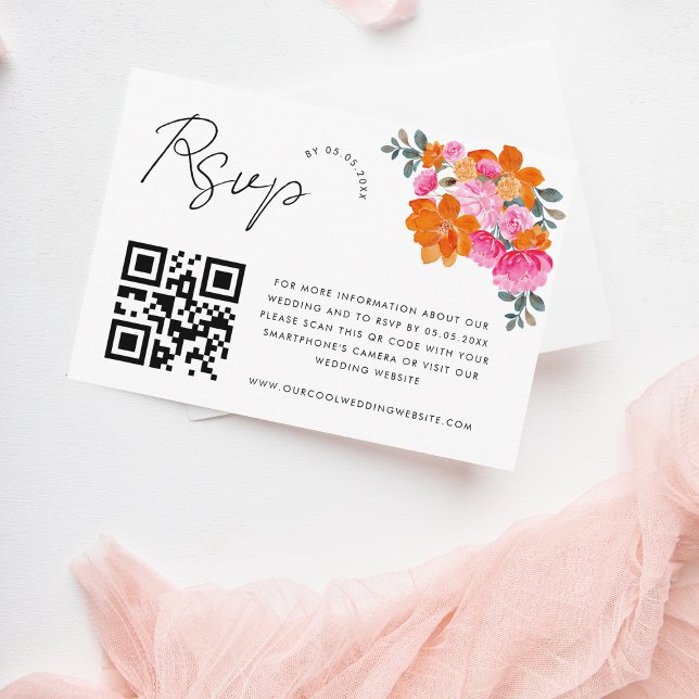 Cartão de RSVP com Código QR Floral Vibrante Rosa  (Criador carregado)