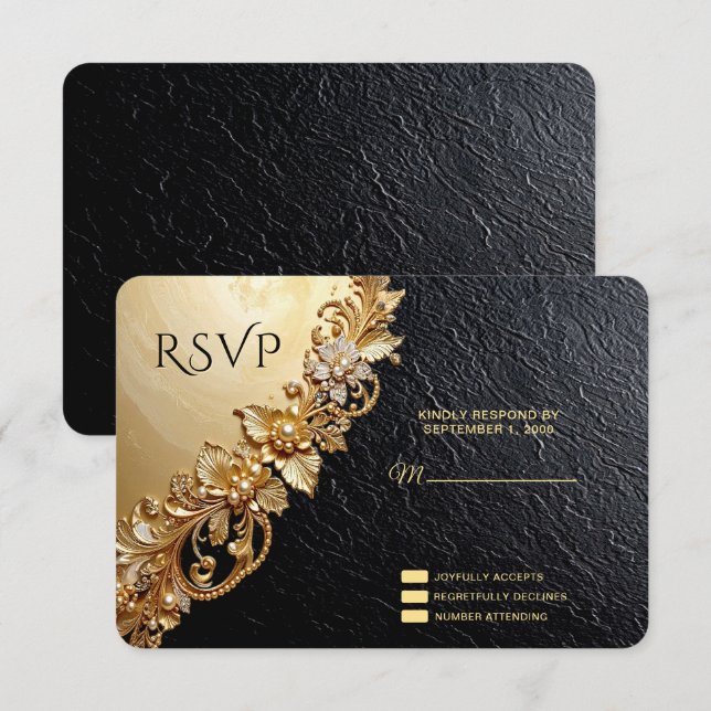 Cartão de RSVP com Embelezamentos Florais Dourados (Frente/Verso)