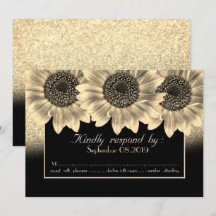 Cartão de RSVP com Glitter, Girassóis, Dourado