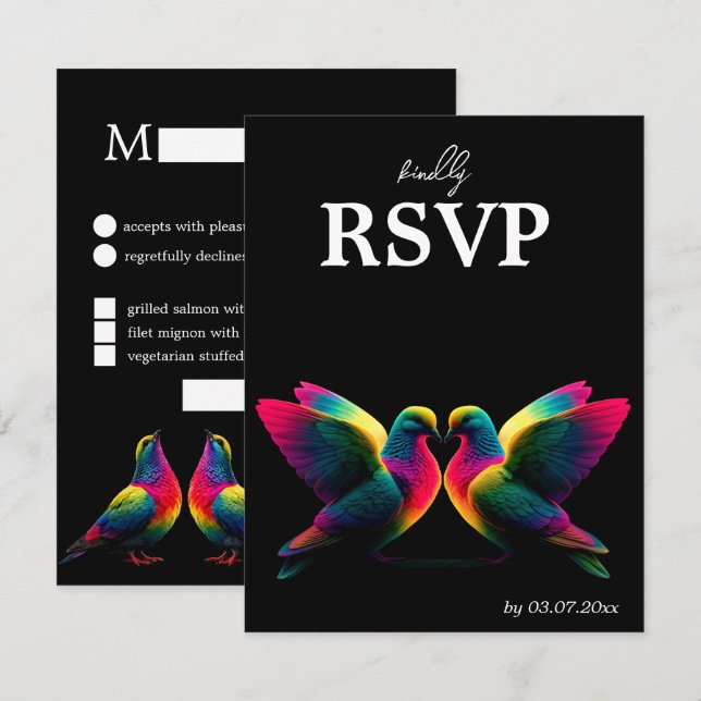 🌈  Cartão de RSVP com Menu & Código QR Doves of P (Frente/Verso)