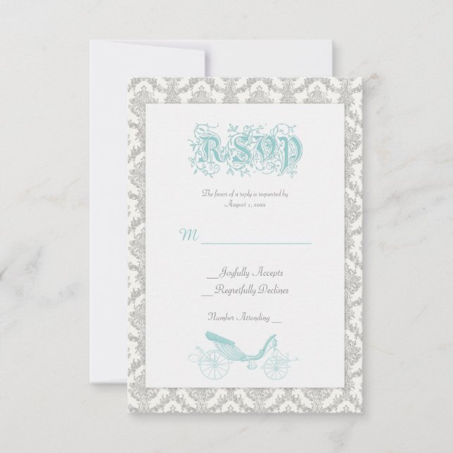 Cartão de RSVP Conto de Fadas Damask Turquesa (Frente)