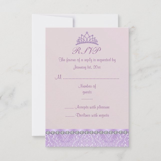 Cartão de RSVP da Tiara Roxa & Damask Sweet16 (Frente)