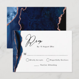 cartão de RSVP de ágata em azul marinho e dourado 