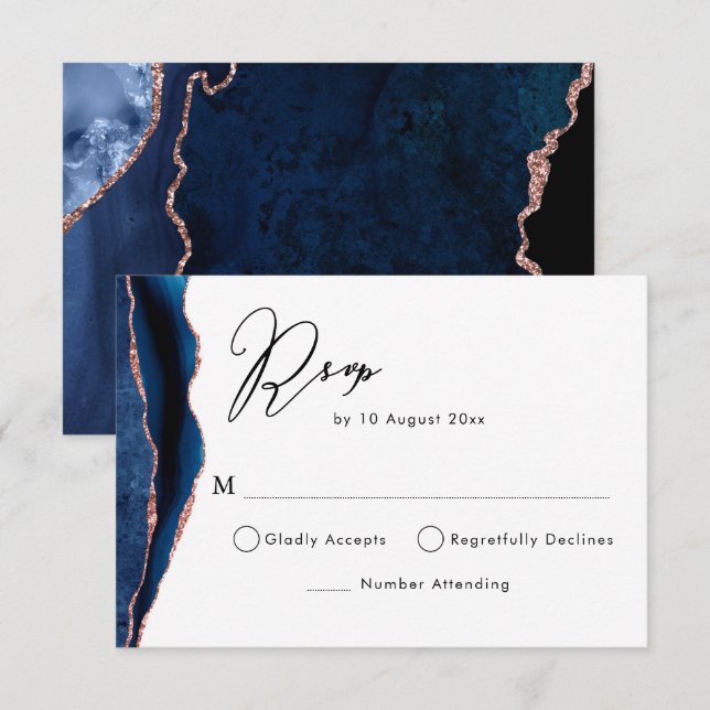 cartão de RSVP de ágata em azul naval e dourado ro (Frente/Verso)