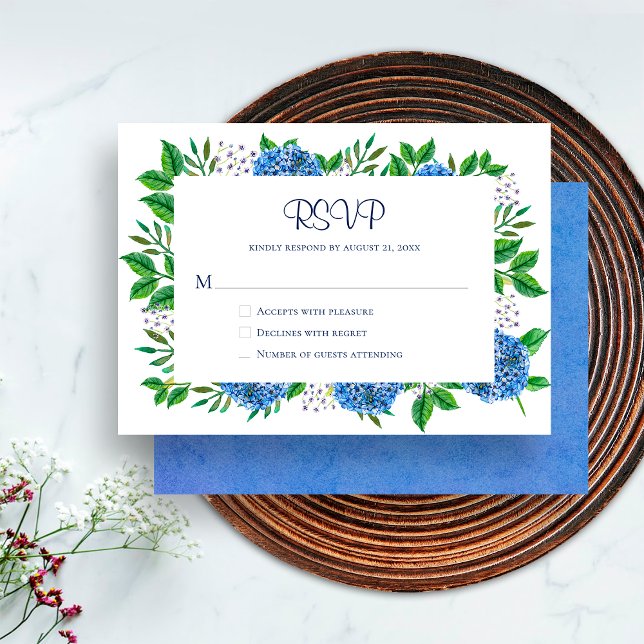 Cartão de RSVP de Aquarela de Hortênsias Azuis Rús (Front / Back)