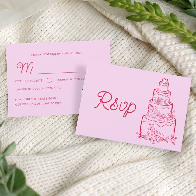 Cartão de RSVP de Bolo de Noiva Rosa com Código QR (Criador carregado)