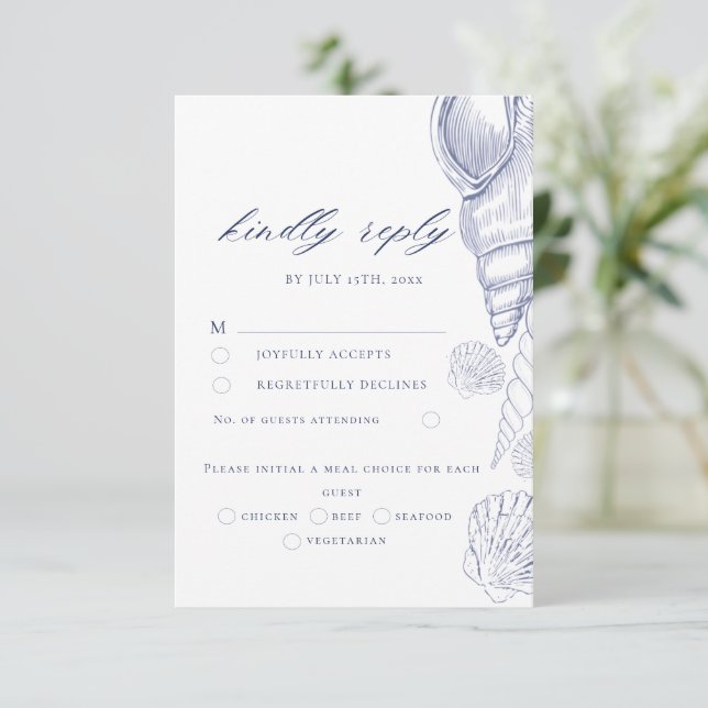 Cartão de RSVP de Casamento Azul e Branco com Conc (Em pé/Frente)