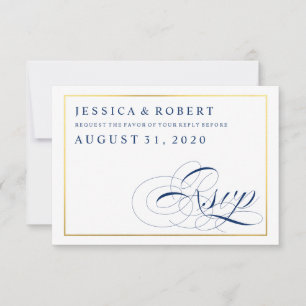 Cartão de RSVP de Casamento Azul Marinho e Branco 