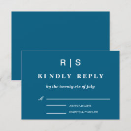 Cartão de RSVP de Casamento Azul Monograma Clássic