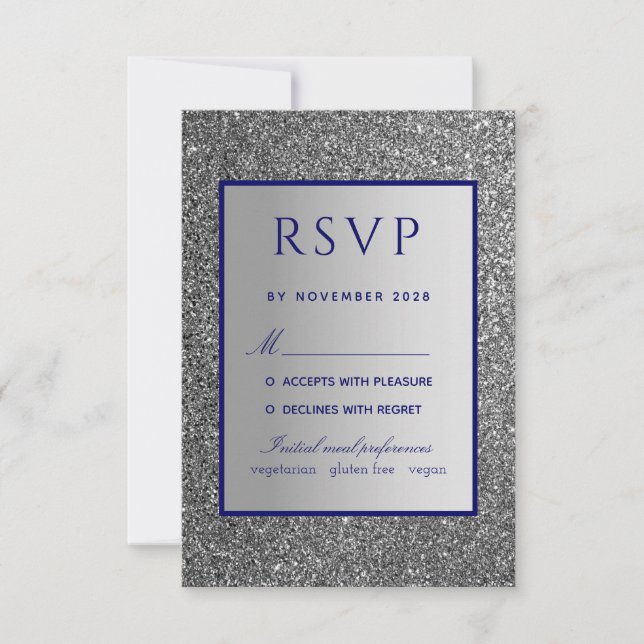 Cartão de RSVP de Casamento Azul Prata (Frente)