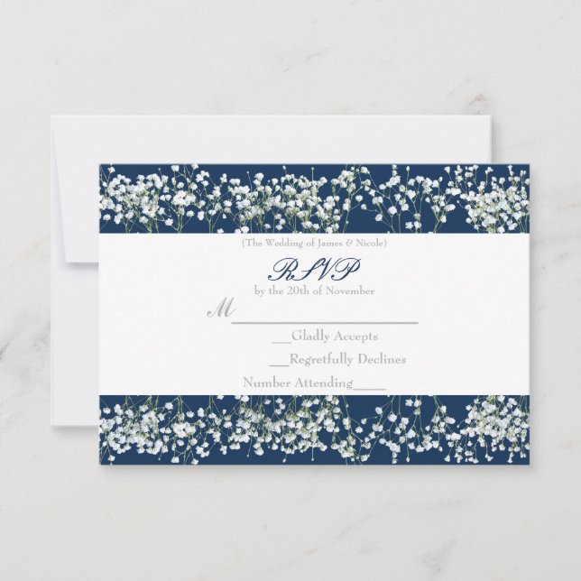 Cartão de RSVP de casamento Blue & White Babys Bre (Frente)